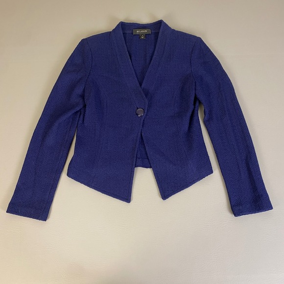 St.‎ John Knit Blazer Size 6 Blue Single Button Career Office Chic Jacket * - Picture 1 of 16
